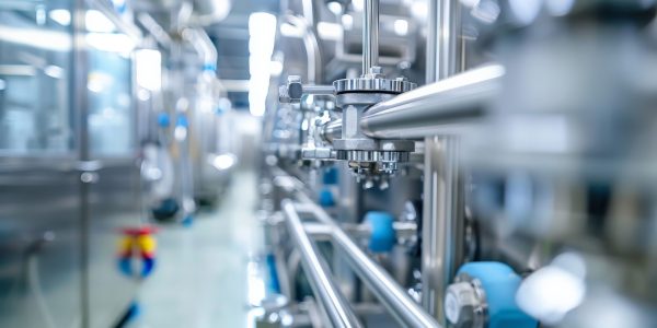 A clean and organized pharmaceutical plant where steel pipelines and valves are part of a sterile environment